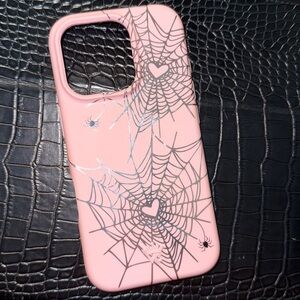 Velvet Caviar chrome/silver hearts spider web pink protective IPHONE 16 PRO case